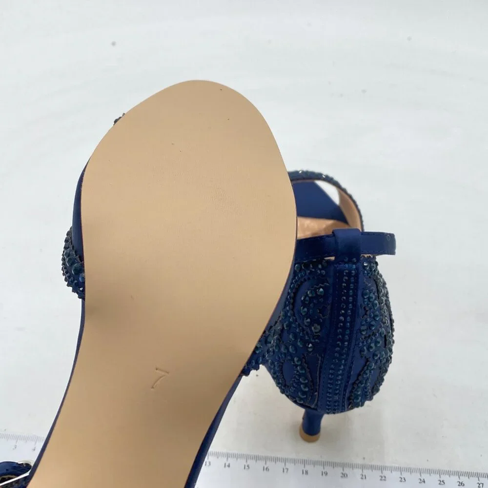 XYD Navy Peep Toe D'Orsay Embellished Kitten Heels With Ankle Strap